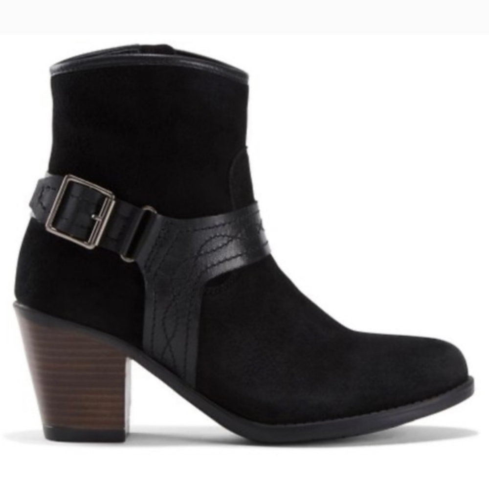 Earth Lina Arlington Suede Harness Boots Side Zip Block Heel Western Black 9